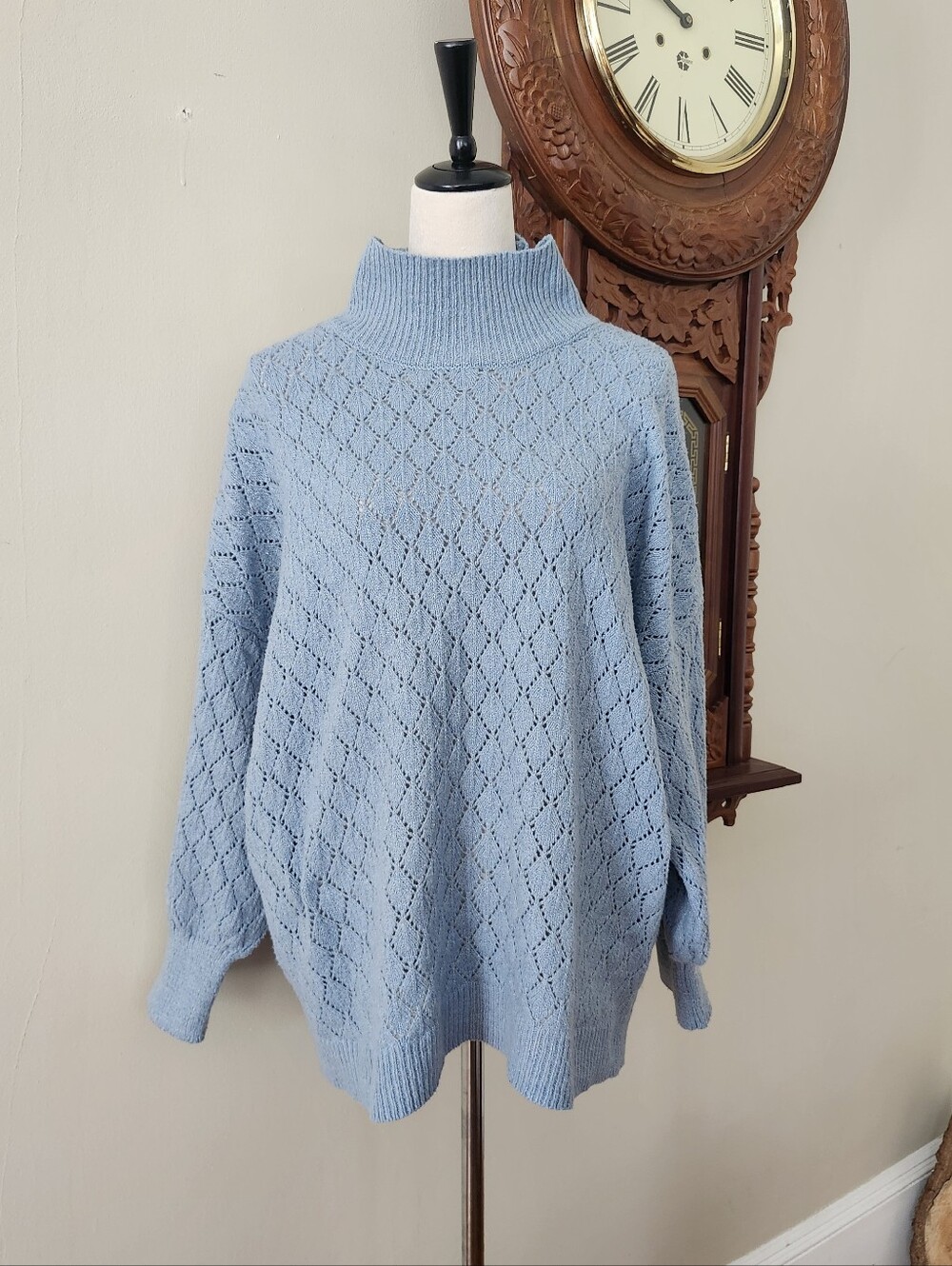 Wonderly Light Blue Cable-Knit Mock Neck Sweater, M